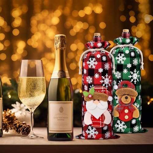 8Pcs Christmas Wine Gift Bags, Buffalo Plaid Drawstring Wine Bottle Covers