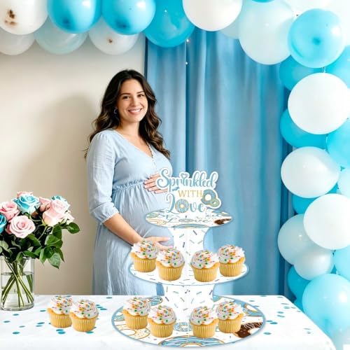 Blue Baby Sprinkle 3-Tier Cupcake Stand Blue Donut Dessert Cupcake Holder Sprinkle with Love Baby Shower Decorations for Boy Party Favor