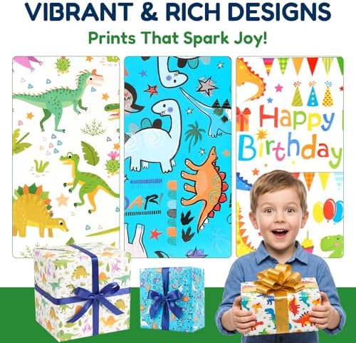 Bafeil Dinosaur Wrapping Paper Birthday Boy Roll Set - 3 Rolls