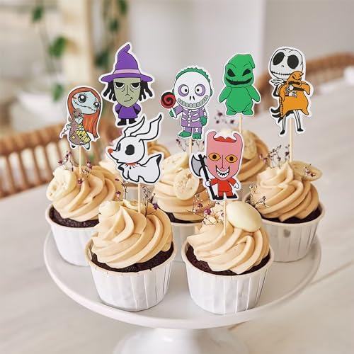 40 Pack Halloween Cupcake Toppers Skull Ghost Jack and Sally Cupcake Picks for Scary Christmas Halloween Anniversary Birthday Cake Decorations Party Supplies