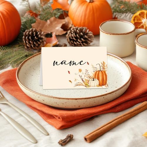 Pumpkin Place Cards for Table Setting, Tent Cards Decor For Birthday Baby Shower Thanksgiving Party Decorations, Bridal Shower Wedding Place Card, 25 Pack Birthday Food Name Card 2 x 3.5" /038