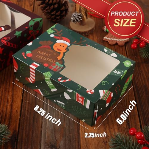 CHOUNYEE 24 Pack Christmas Cookie Boxes (8.25x6x2.75 Inch), Christmas Treat Boxes for Gift Giving, Bakery Boxes with Window for Exchange Gift, Holiday Food Cookie gift Containers