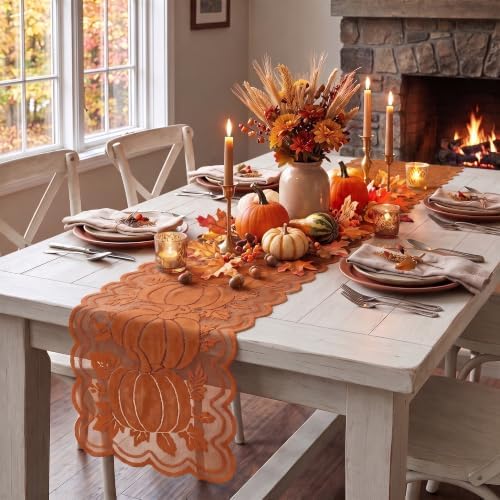 Artoid Mode Lace Jacquard Pumpkin Leaf Fall Table Runner, Seasonal Thanksgiving Autumn Kitchen Dining Table Decoration for Home Party Decor 13x72 Inch