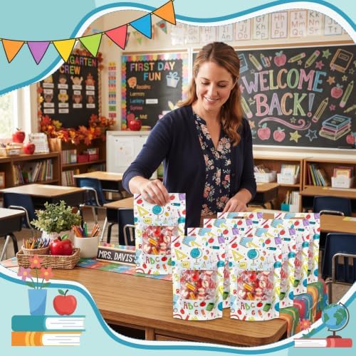 Engrowtic 50 Pcs Back to School Treat Bags Plastic Resealable Gift Bags with Handles First Day of School Goodie Pouches for Students Teacher Classroom Preschool Kindergarten Party Favors Wrapping