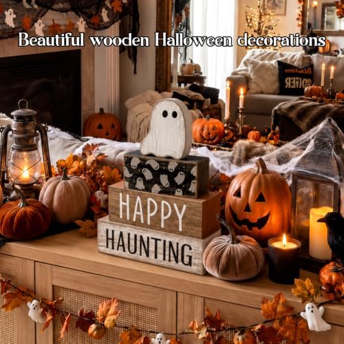Lineshading 4 Pcs Halloween Table Decor for Home, Wooden Ghost Block Sign