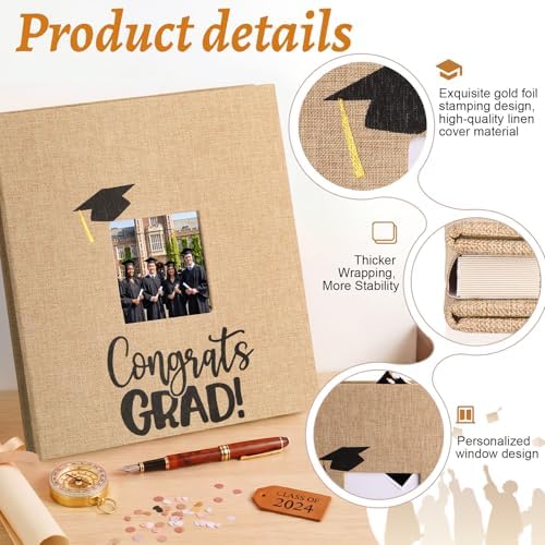 Fumete Khaki Class of 2026 Graduation Album Self Adhesive Photo Scrapbook 40 Pages 11.5 x 10.5 Inch Linen Memory Book with Cover Display Window DIY Album for School College Graduate Party Gift
