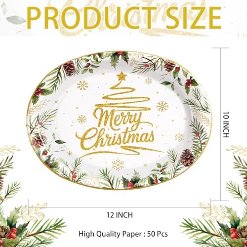 50Pcs Christmas Oval Paper Plates 10" x 12" Large for Merry Christmas