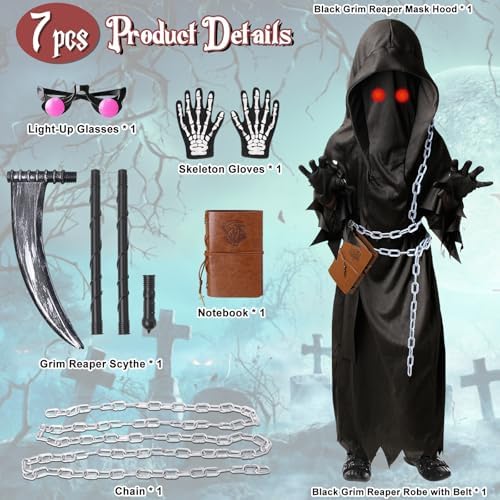Grim Reaper Costume Kids Boys,7 PCS Scary Halloween Costumes for Kid