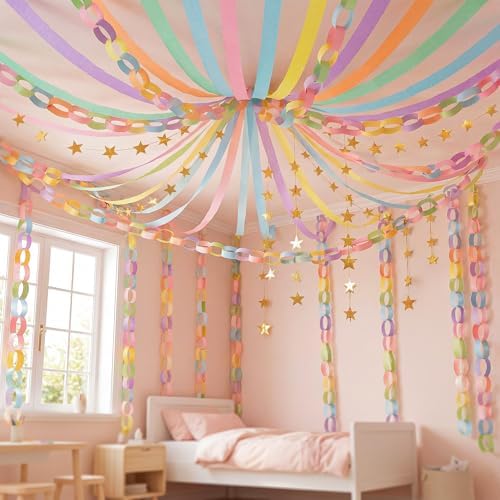 700 Sheet Macaron Paper Chain Strips and 52 ft Gold Star Garland Set