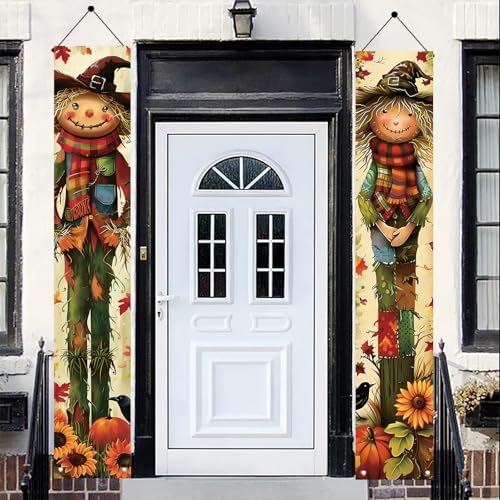 2PCS Fall Scarecrow Porch Banner Autumn Pumpkin Sunflower Hanging Banner Decorations 71 x 12 Inch Outdoor Front Door Sign Harvest Decor for Thanksgiving Yard Entrance Wall Display
