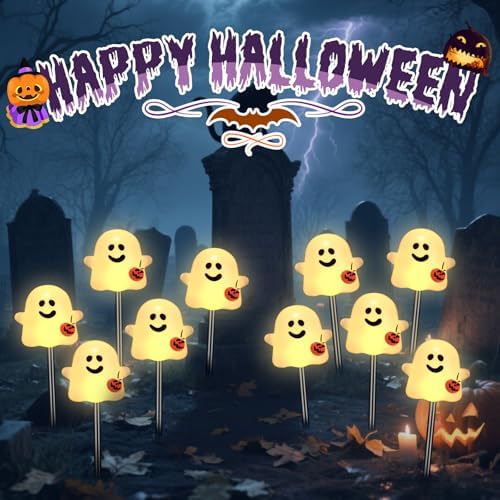 Solar Halloween Ghost Pathway Lights, 10 Pack Ghost Stake Lights with Pumpkin Design, Durable Waterproof Outdoor Halloween Decoration for Garden, Walkway, and Yard (Warm White)