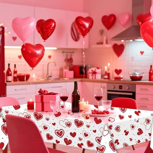 3-Piece 54 x 108 Inch Valentine’s Day Plastic Tablecloth – Red Heart Disposable Rectangle Table Covers for Romantic Dinner, Wedding Shower, Anniversary Party, and Valentine Decorations