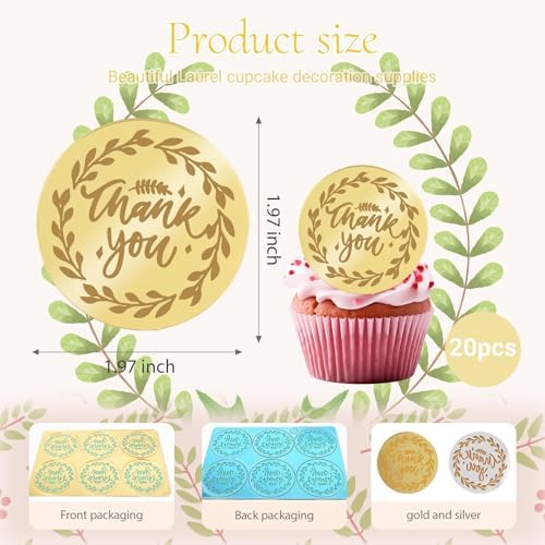 20Pcs Gold Thank You Cupcake Toppers Acrylic Cake Picks for Party Supplies