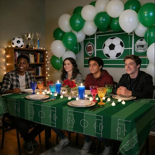 6 Pack Soccer Party Premium Disposable Plastic Tablecloth 54" x 108" Table Cloths Include 3 Black＆White and 3 Green for 6 to 8 Foot Sports Ball Theme Decoration Supplies (Soccer)