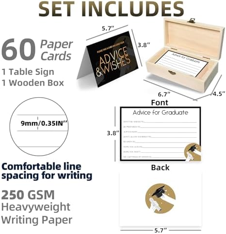 Graduation Advice Cards 2026 with Decorative Wood Box - 60 Pack 250GSM Wishes & Advice Cards for Graduate - High School & College Graduation Party Decorations, Guest Book Alternative, Sign Set
