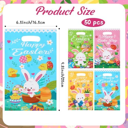 Easter Treat Bags, 50 PCS Easter Gift Bags with Handles, Plastic Happy Easter Day Cookie Goodie Candy Bag Easter Bunny Cute Spring Party Favor Bag for Easter Party Favors Supplies, 6.5x10 Inch