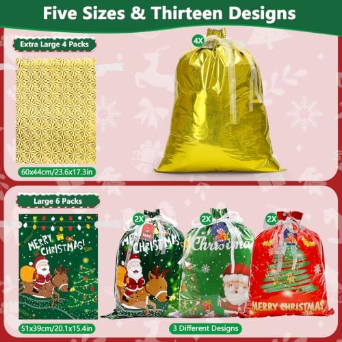 Koncci 32Pcs Drawstring Christmas Bags, Assorted Sizes Large Medium Small