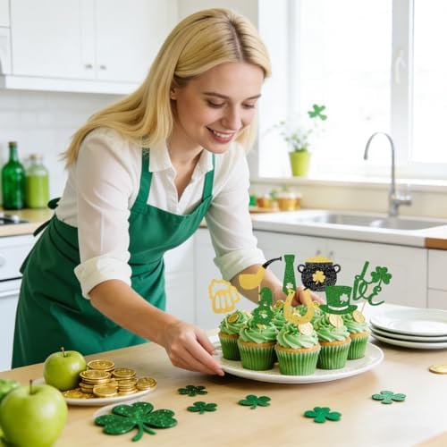 24Pcs St.Patrick's Day Cupcake Toppers, Lucky Shamrock Cake Decorations