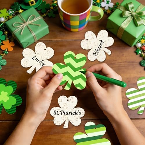 36PCS Wooden Shamrock Ornaments to Paint St. Patrick's Day Decorations,9 Styles DIY Blank Unfinished Wood Shamrock Cutouts Ornament for Tree Home Crafts Hanging Gifts Indoor Spring Farmhouse