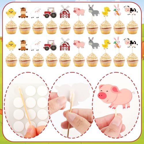Hooqict 40Pcs Farm Cupcake Toppers Farm Animal Birthday Cake Topper Decorations Cupcake Picks for Kids Boys Girls Baby Shower Birthday Party Decorations Supplies