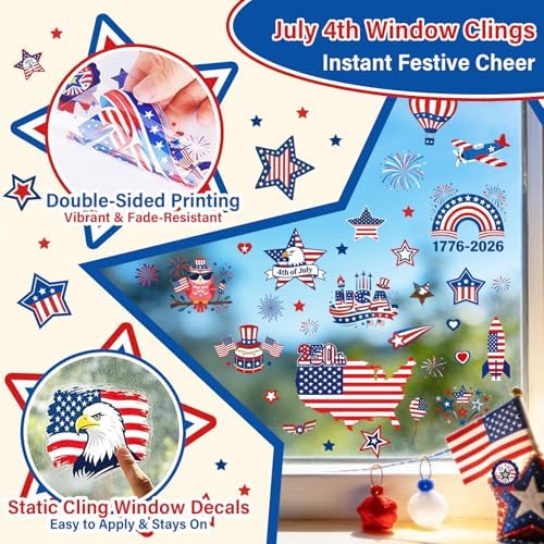 9 Sheets 4th of July Window Clings, Patriotic Red White and Blue Window Stickers with USA Flag, Eagle, Reusable Static Decals for 250th Anniversary Independence Day, Memorial Day