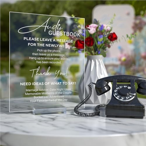 Acrylic Audio Guest Book Sign for Wedding, 8x10 Clear Audio Guestbook Sign with Acrylic Holder Stand, Elegant Audio Phone Guest Book Station Sign for Wedding Reception Table Decor