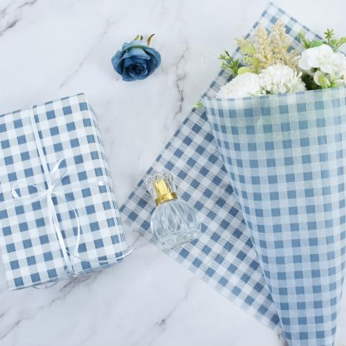 BEISHIDA Gingham Tissue Paper Bulk, Dusty Blue White Checkered Wrapping Tissue Paper for Gift Bags, 14 x 20 Inch Gift Wrap for Birthday Nautical Wedding DIY Crafts Decor Holiday Flowers,50 Sheets