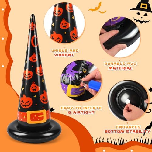 Halloween Ring Toss Games, 17PCS Inflatable Witch Hats Ring Toss Set with Plastic Rings Air Pump for Party Games Super Fun Halloween Games Activities for Kids Adults Indoor Outdoor