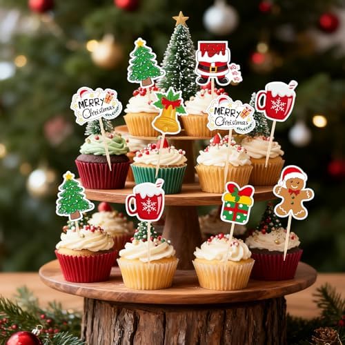 NACHLYNN 70pcs Merry Christmas Cupcake Toppers Holiday Party Fruit Cake Decoration Favors
