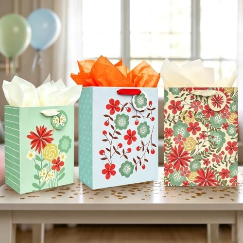 Jotique 4 Pcs Floral Gift Bags Assorted Sizes with Tissue for All Occasions