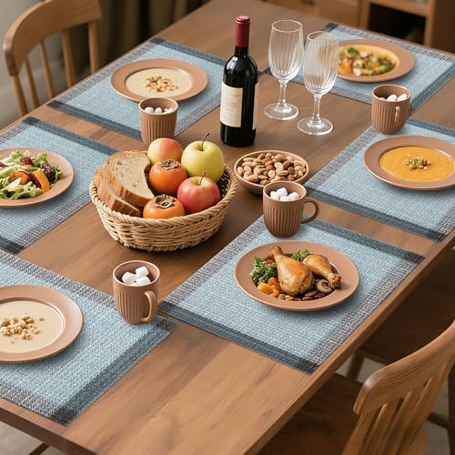 Bloss Blue Grey Boho Placemats Set of 4-12x18Inch Washable Table Mats