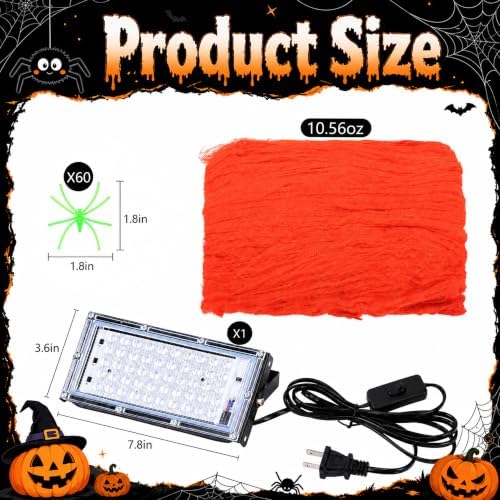 1100 Sqft Halloween Glow Orange Stretch Cobweb with Glow Spiders and Light