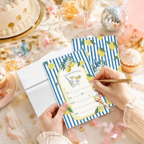 AEHIE 20 Sets Mediterranean Lemon Party Invitations With Envelopes, Summer Lemon Blue and White Striped Party Invitations Invite Cards for Women Ladies Adults