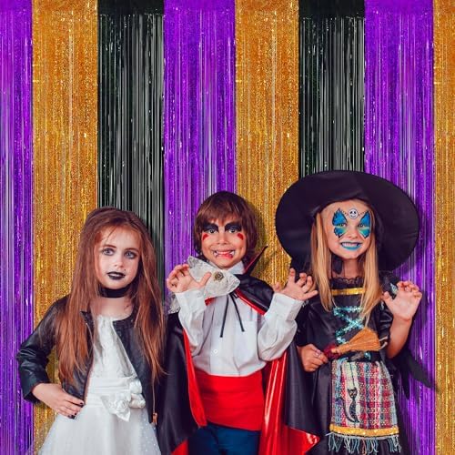 Halloween Party Decorations, 3 Pack Glittery Halloween Foil Fringe Curtains 3.3 X 6.6 ft, Orange Purple Black Tinsel Party Backdrop Photo Booth Props Streamers Birthday Party Supplies