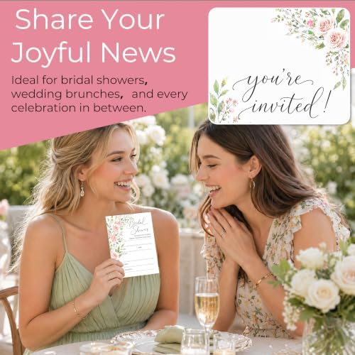 Bridal Shower Invitations, 25 Floral Wedding Shower Invites with Envelopes, 5x7 Blush Pink Rose Bride to Be Engagement Party Supplies - A05