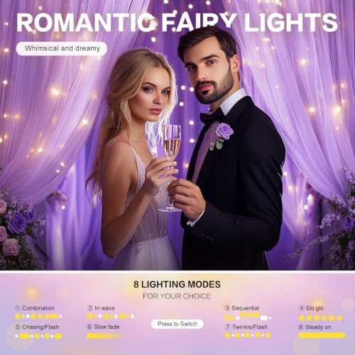 Tulle Curtain Backdrop with 300 LED Fairy Lights for Parites Wrinkle-Free Sheer Curtain Drapes Photo Back Drop for Wedding Baby Shower Bridal Shower Birthday Home Décor - 10ft×10ft, Lavender