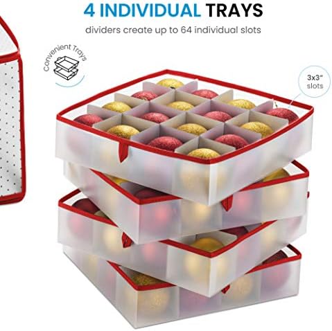 ZOBER Christmas Ornament Storage Box Plastic - Stores 64 3" Ornaments with Individual Trays - Ornament Organizer Storage Box, Durable Christmas Containers Holder - Red
