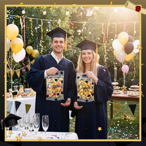 Engrowtic 100 Pcs Graduation Treat Bags Resealable 2026 Congrats Grad Gift Bags Black and Gold Plastic Snack Goodie Pouches with Handles for Graduation Party Favors Supplies
