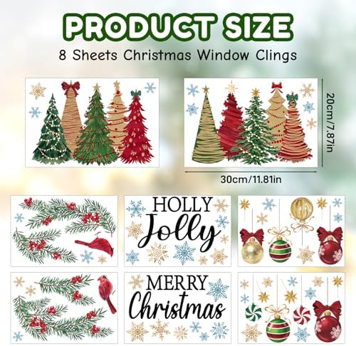 8 Sheets Christmas Window Clings Stickers Winter Snowflake Merry Christmas Tree Xmas Window Decals for Holiday Party Home Office Shop Glass Display Decoration
