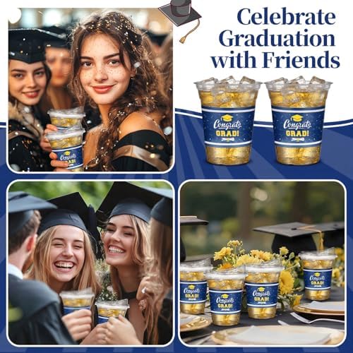 Bokon 100 Pcs 2026 Blue Graduation Plastic Cups Bulk with Strawless Sip Lids 12oz Disposable Congrats Grad Cup Drinkware Class of 2026 Celebration for College Tableware Party Supplies Decorations