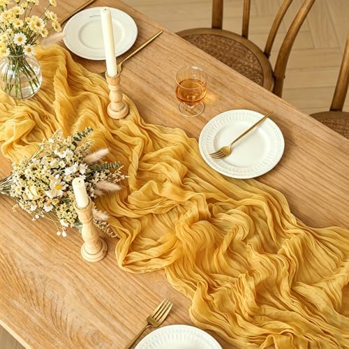 3Pcs Yellow Table Runner, 10FT Rustic Gauze Gold Table Runner 35*120inch Boho Table Runners for Wedding Bridal Shower Birthday Baby Shower Table Centerpiece Decorations