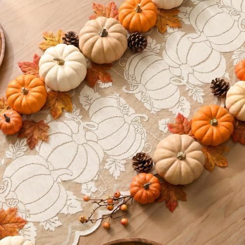 Artoid Mode Beige Lace Jacquard Pumpkin Leaf Fall Table Runner, Seasonal Thanksgiving Autumn Kitchen Dining Table Decoration for Home Party Decor 13x72 Inch