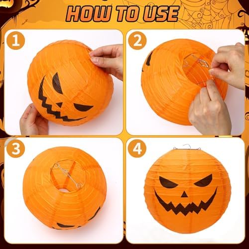 DECYOOL 12PCS Halloween Pumpkin Paper Lanterns, Hanging Jack O Lantern Set