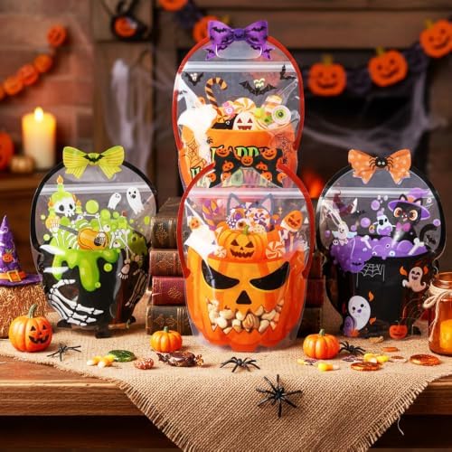 Halloween Treat Bags 24 PCS Plastic Flat Bottom Ziplock bags with Handle(7.3x10.4 Inch) Halloween Trick or Treat Bag Candy Goodie Snack Goody Gifts Wrap Pumpkin Ghost Spooky Party Favors Supplies