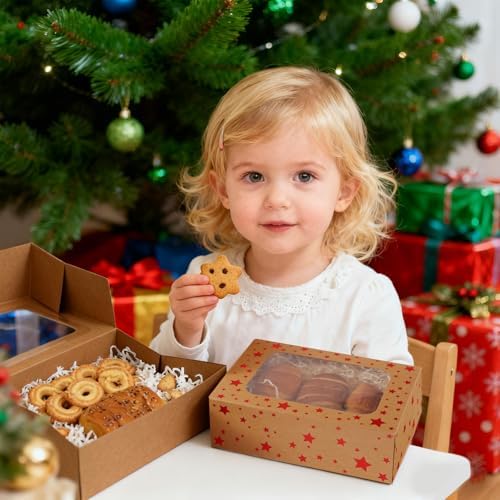 Christmas Brown Holiday Cookie Boxes, Red Star, 24 Pack, 9x6x3 In