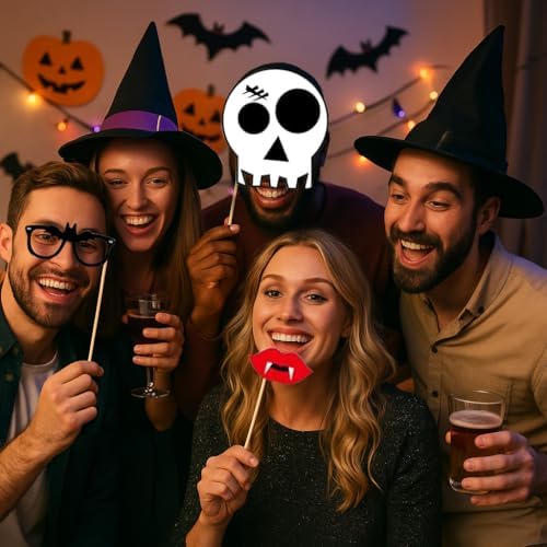 22PCS Halloween Photo Booth Props – Spooky Party Photo Props for All Ages, Ghost/Pumpkin/Bat/Witch Designs, Easy DIY Assembly, Sturdy Cardstock Party Decorations for Photo Booth & Selfies