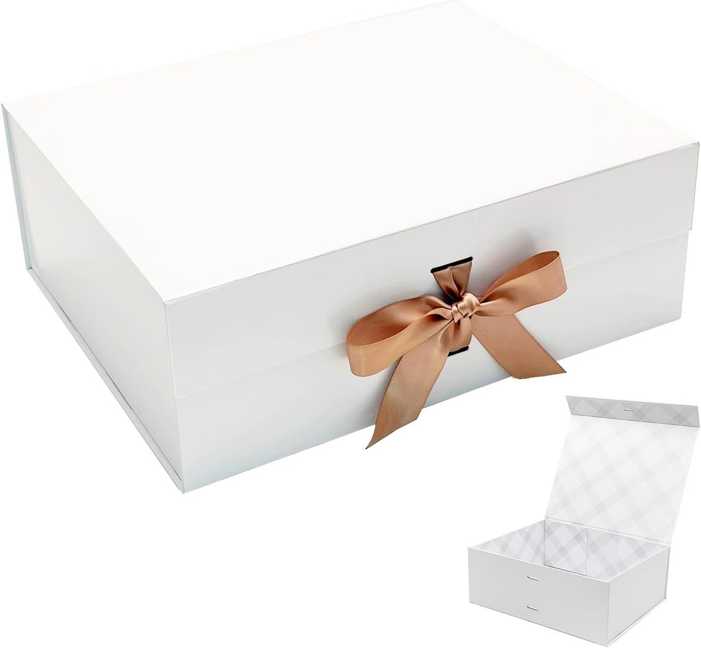 Tekhoho Large Gift Box 13.2x10.6x5in, Premium Present Box with Magnetic Lid and Ribbon for Holidays Wedding Birthday Gift Packaging, Plaid Lining (13.2x10.6x5in-White)