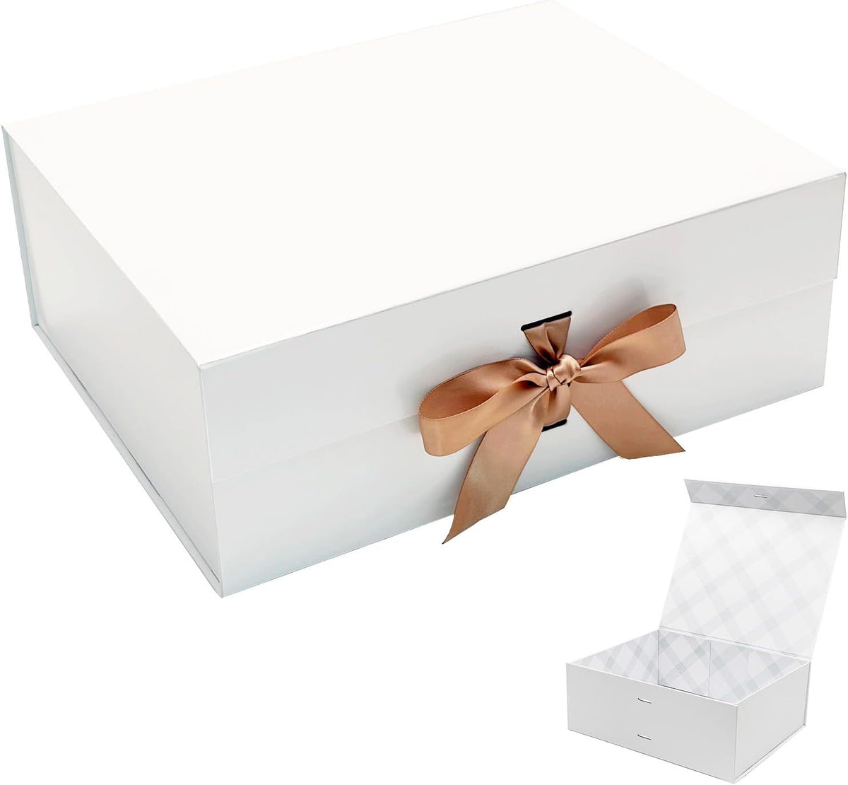 Tekhoho Large Gift Box 13.2x10.6x5in, Premium Present Box with Magnetic Lid and Ribbon for Holidays Wedding Birthday Gift Packaging, Plaid Lining (13.2x10.6x5in-White)
