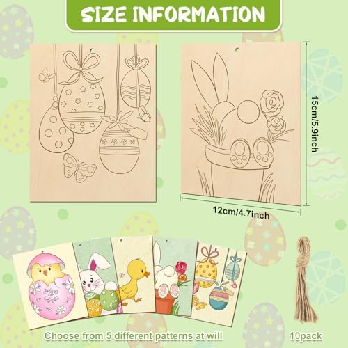COCHIE 10 Pieces Large Easter Unfinished Wood Crafts to Paint for Adults, Bulk Predrilled Wooden Ornaments for Painting, Bunny Duck Eggs Paintable Wood Slices Craft Supplies with Ropes