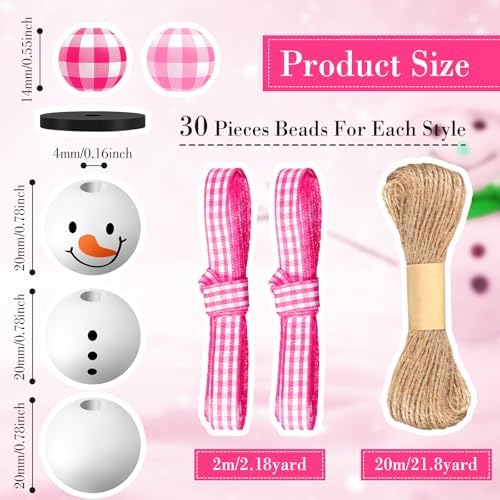 Landical 180 Piece Summer Christmas in July DIY Christmas Snowman Wooden Bead Crafts DIY Ornaments Buffalo Plaid Wood Round Bead Xmas Print Wooden Beads with Twine Scarf for Crafts(Pink Color)